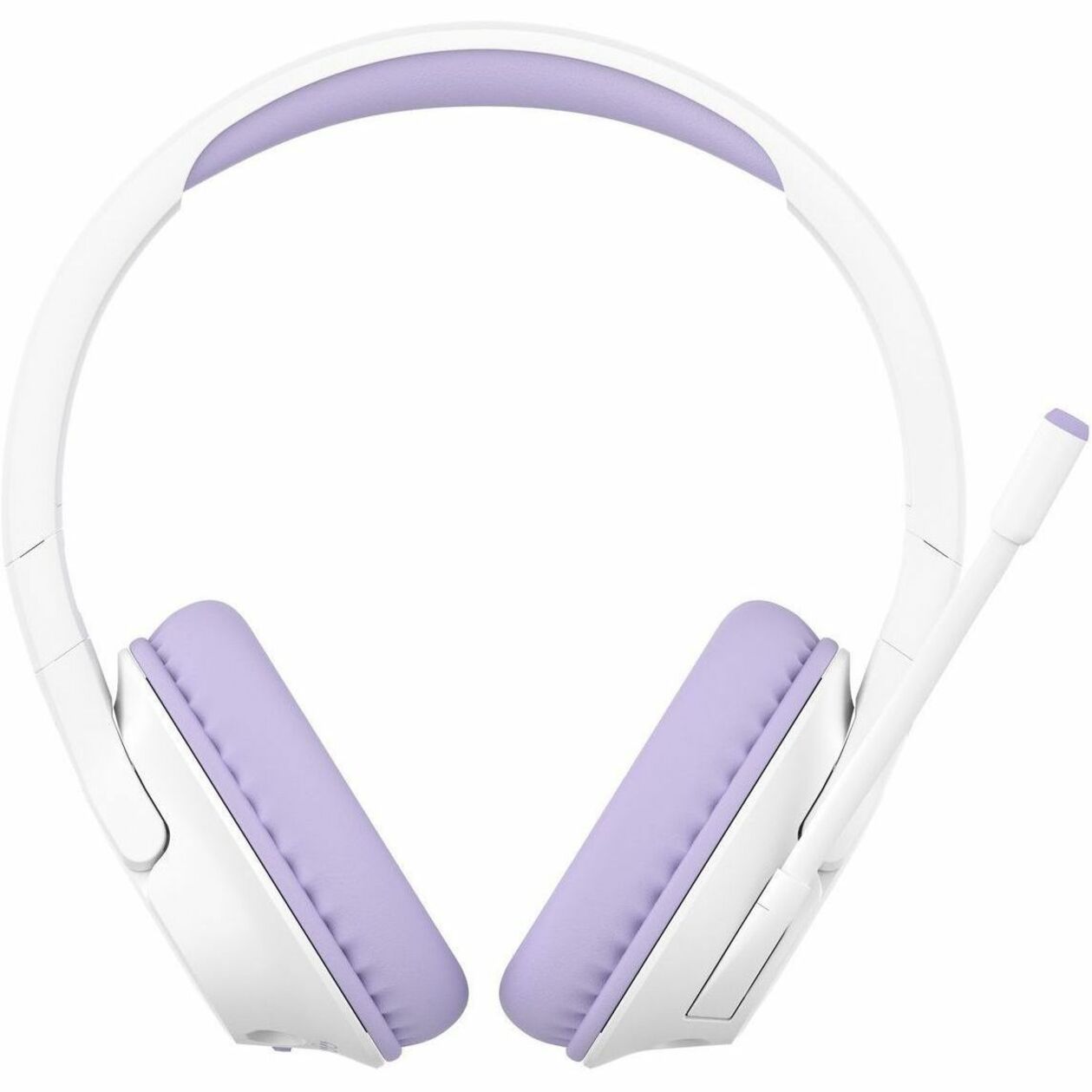 Front view of Belkin SoundForm Inspire headphones showing lavender ear cushions and adjustable white headband-alternate-image2