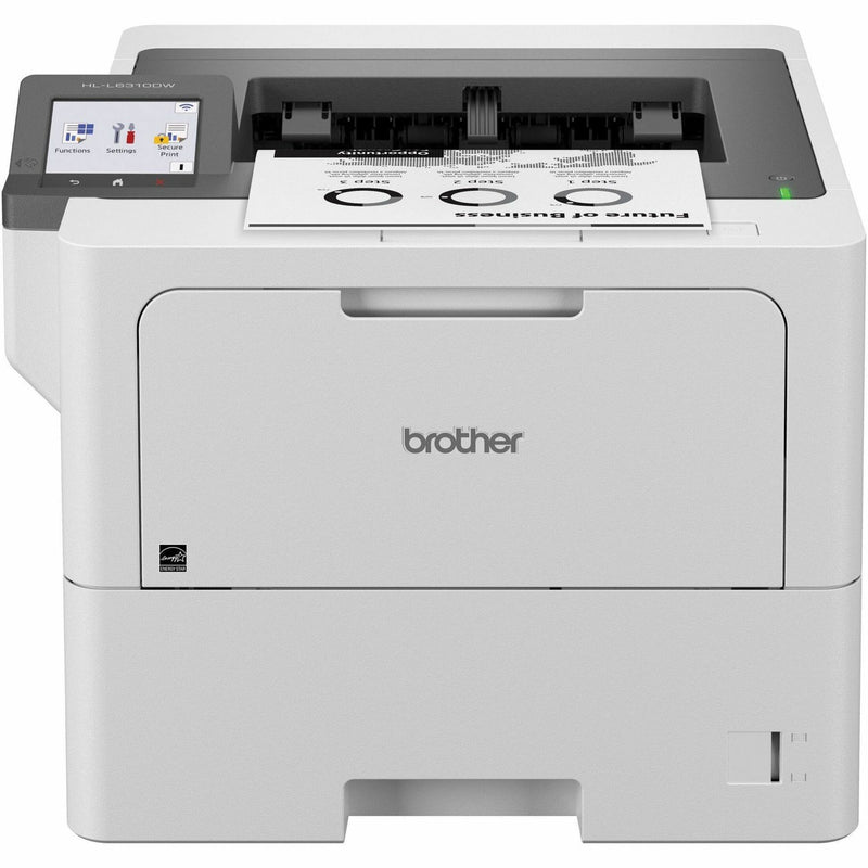 Front view of Brother HL-L6310DW laser printer showing LCD touchscreen interface and paper output tray