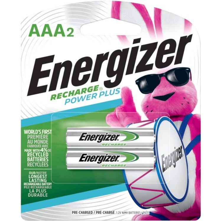 Energizer AAA2 Recharge Power Plus battery package featuring recycled materials messaging and product details-alternate-image1