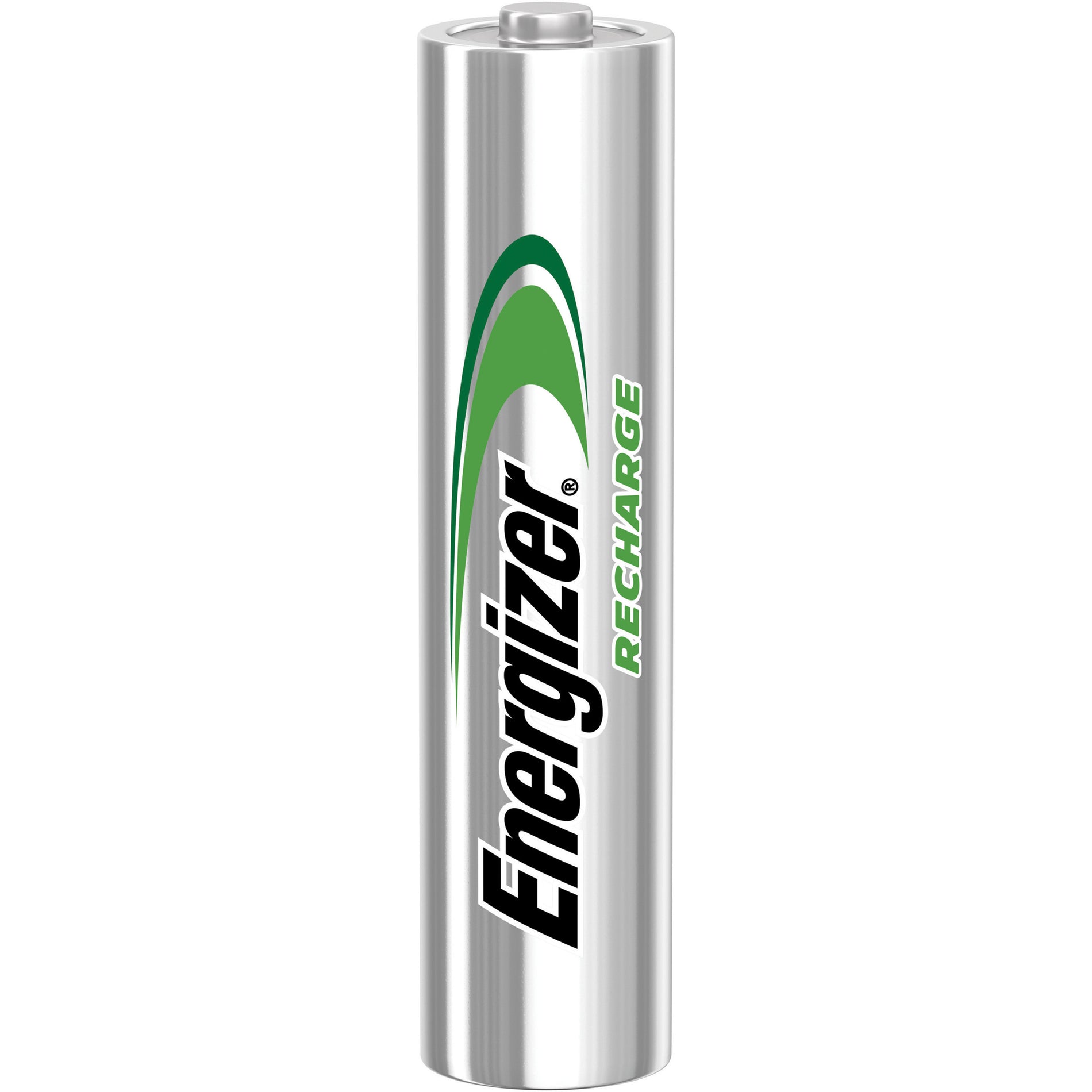 Close-up view of single Energizer Recharge AAA battery showing silver finish and green logo design-alternate-image2