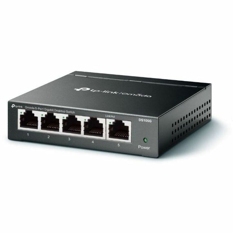 Angled view of TP-Link DS105G Omada switch showing ventilation design and compact form factor