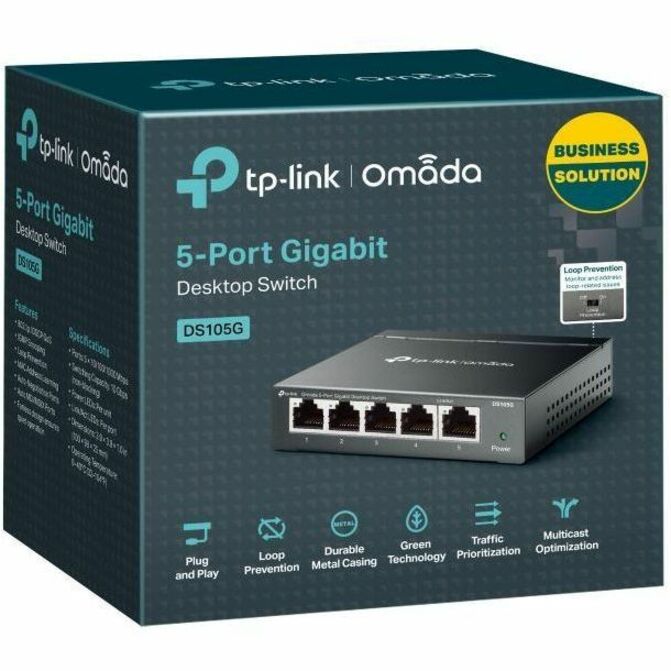 Product packaging of TP-Link DS105G Omada switch showing feature icons and business solution branding