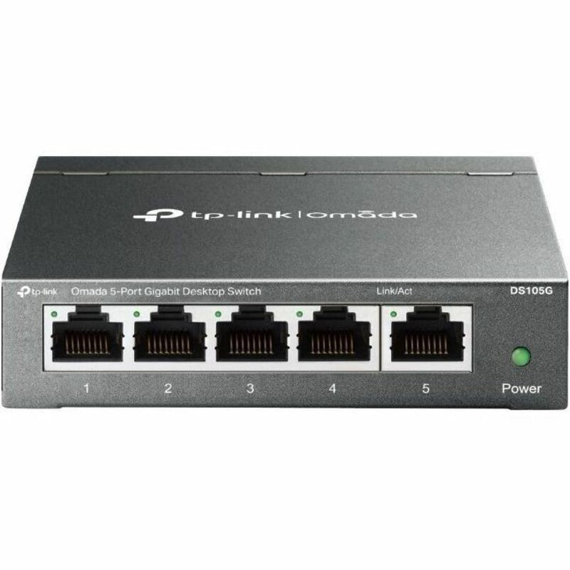 Front view of TP-Link DS105G Omada 5-Port Gigabit Desktop Switch showing five Ethernet ports and power indicator