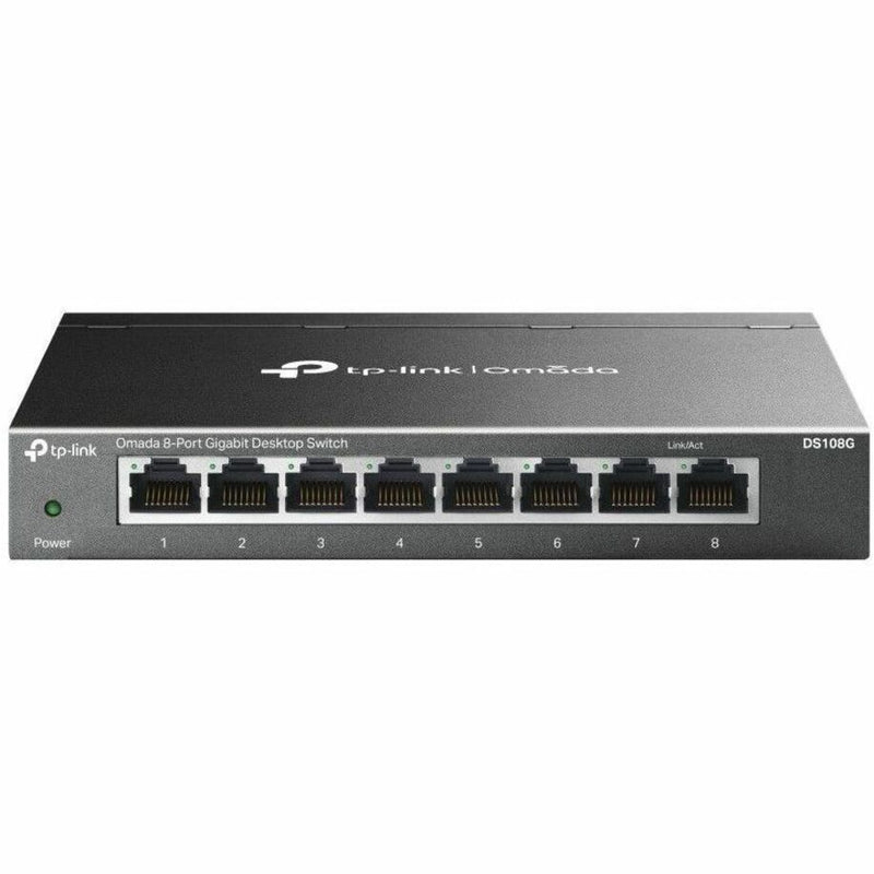 Front view of TP-Link DS108G Omada 8-Port Gigabit Desktop Switch showing all ethernet ports and LED indicators