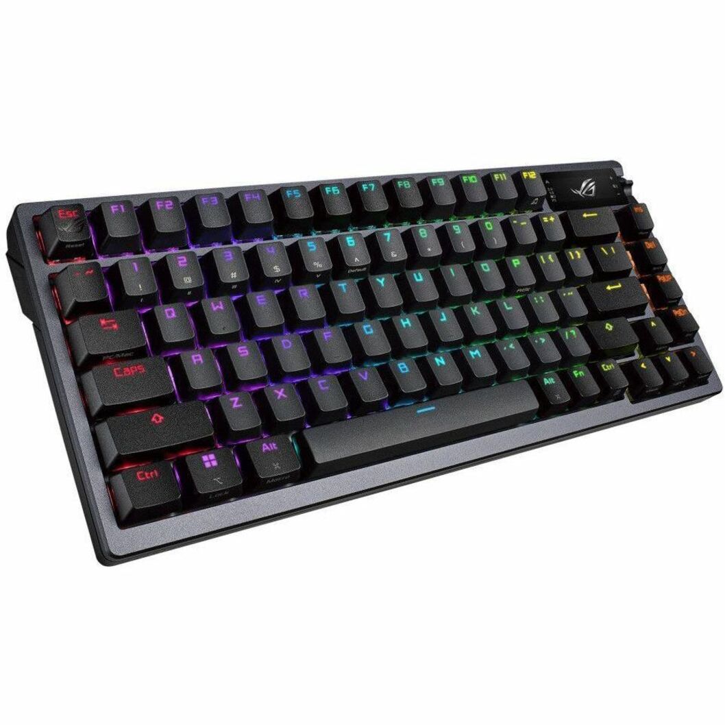 Angled view of ROG Azoth keyboard displaying vibrant RGB lighting effects-alternate-image3