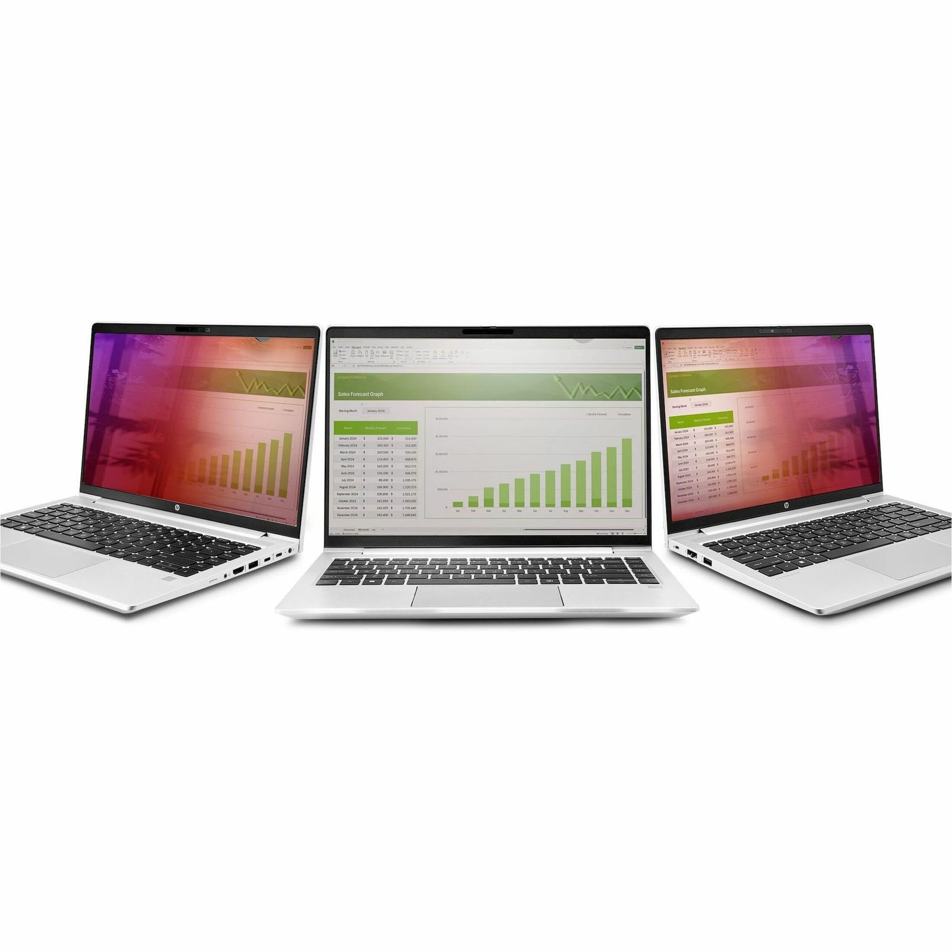 Three laptops showing privacy screen effectiveness from different viewing angles-alternate-image2