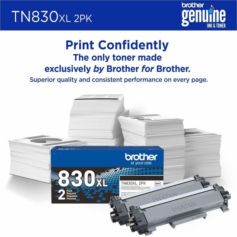 Brother TN830XL toner cartridges with product packaging and stacks of printed paper demonstrating print quality