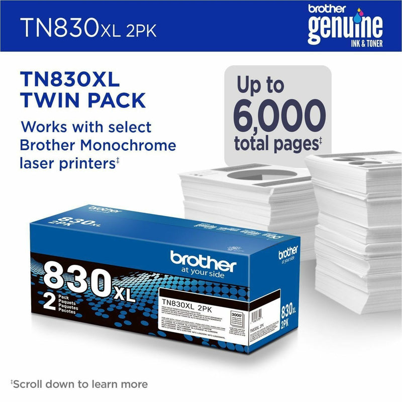 Brother TN830XL toner twin pack box with stacks of printed paper showing total page yield capacity