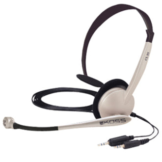 Koss CS-95 monaural headset in silver and black with adjustable boom microphone and 3.5mm connector