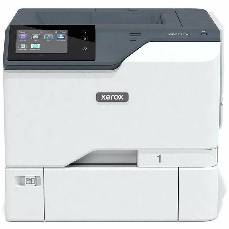 Front view of Xerox VersaLink C620 laser printer in white and gray with large touchscreen display panel