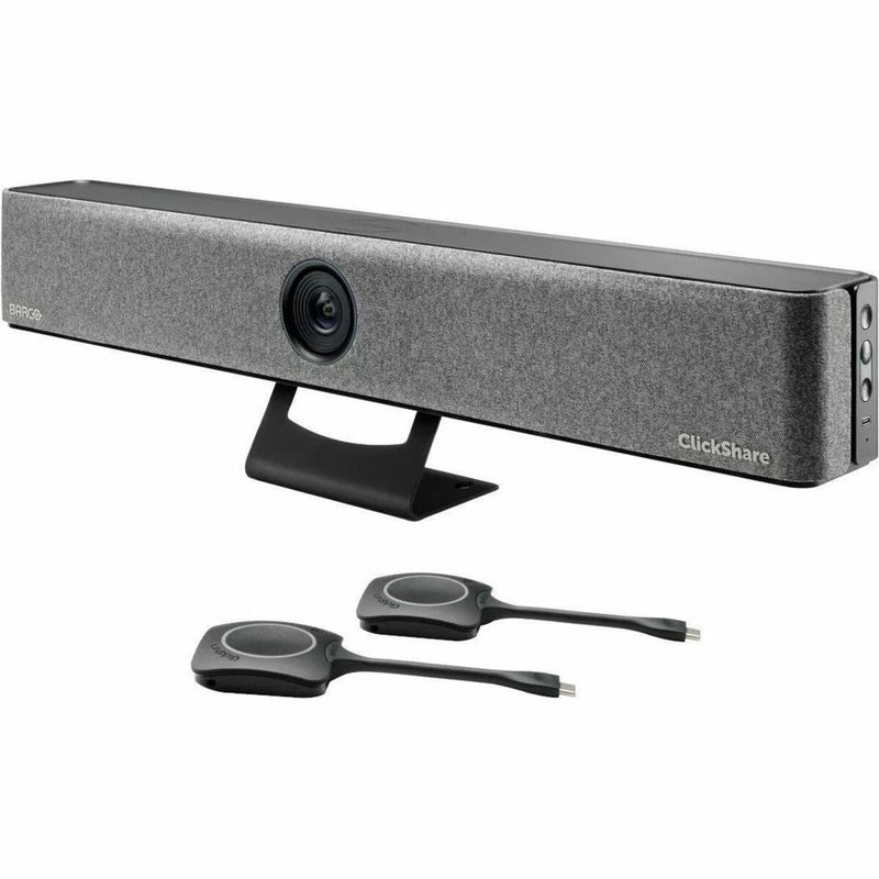 Barco ClickShare Bar Pro video conferencing system with wireless buttons shown from front angle