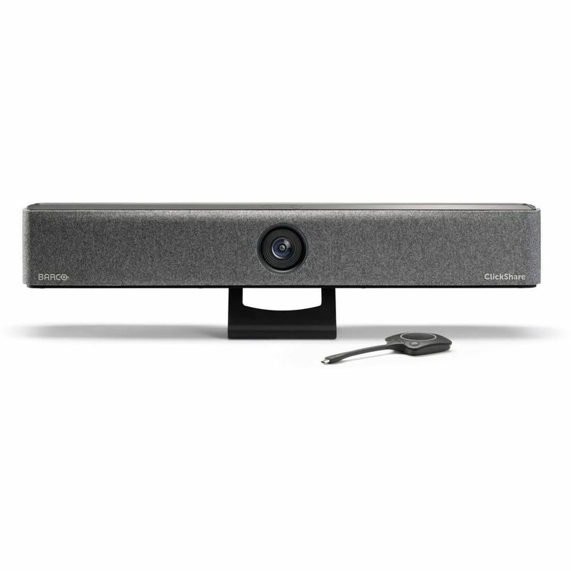 Front view of Barco ClickShare Bar Core video conferencing camera with wireless button accessory