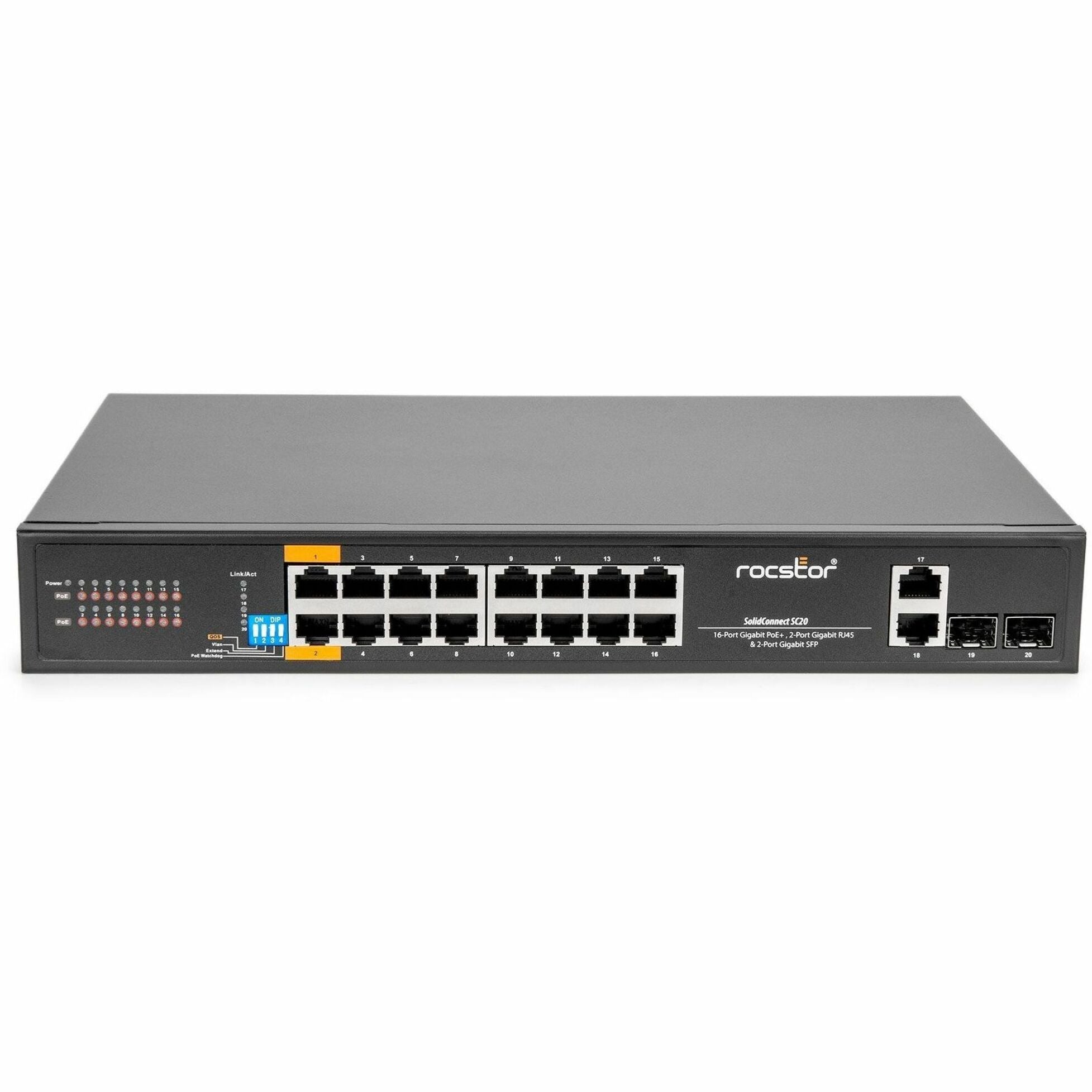 Rocstor Y10S007-B1 SolidConnect SC20 20-poort schakelaar 16-poorten PoE+ Gigabit Onbeheerde Ethernet Poort 2x Gigabit RJ45 & 2× SFP Uplink - 802.3af/at Industrieel Netwerk Overheid.