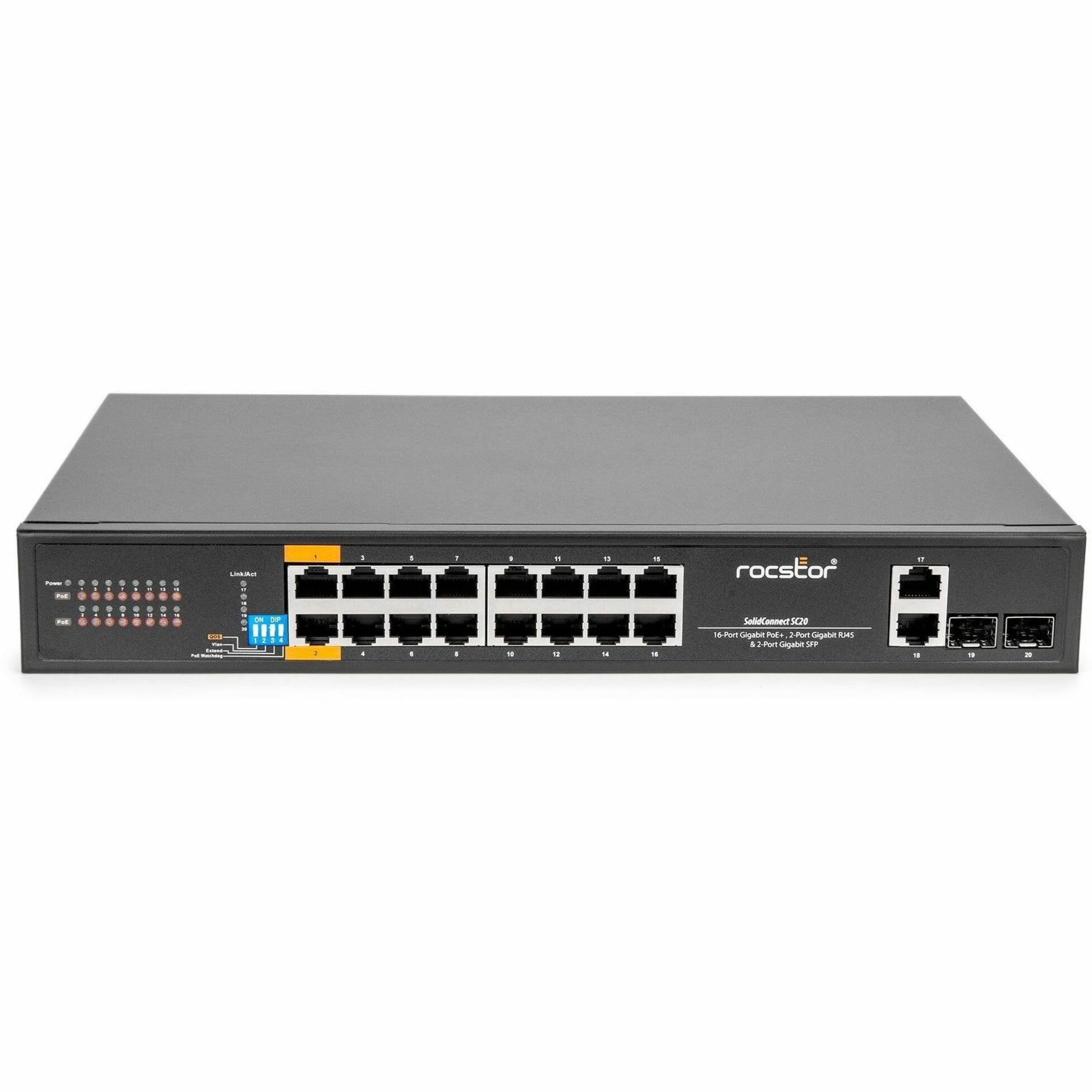 Rocstor Y10S007-B1 SolidConnect SC20 Commutateur 20 ports 16 ports PoE+ Gigabit non géré Ethernet 2x RJ45 Gigabit et 2x SFP liaison montante - 802.3af/at Réseau industriel gouvernemental