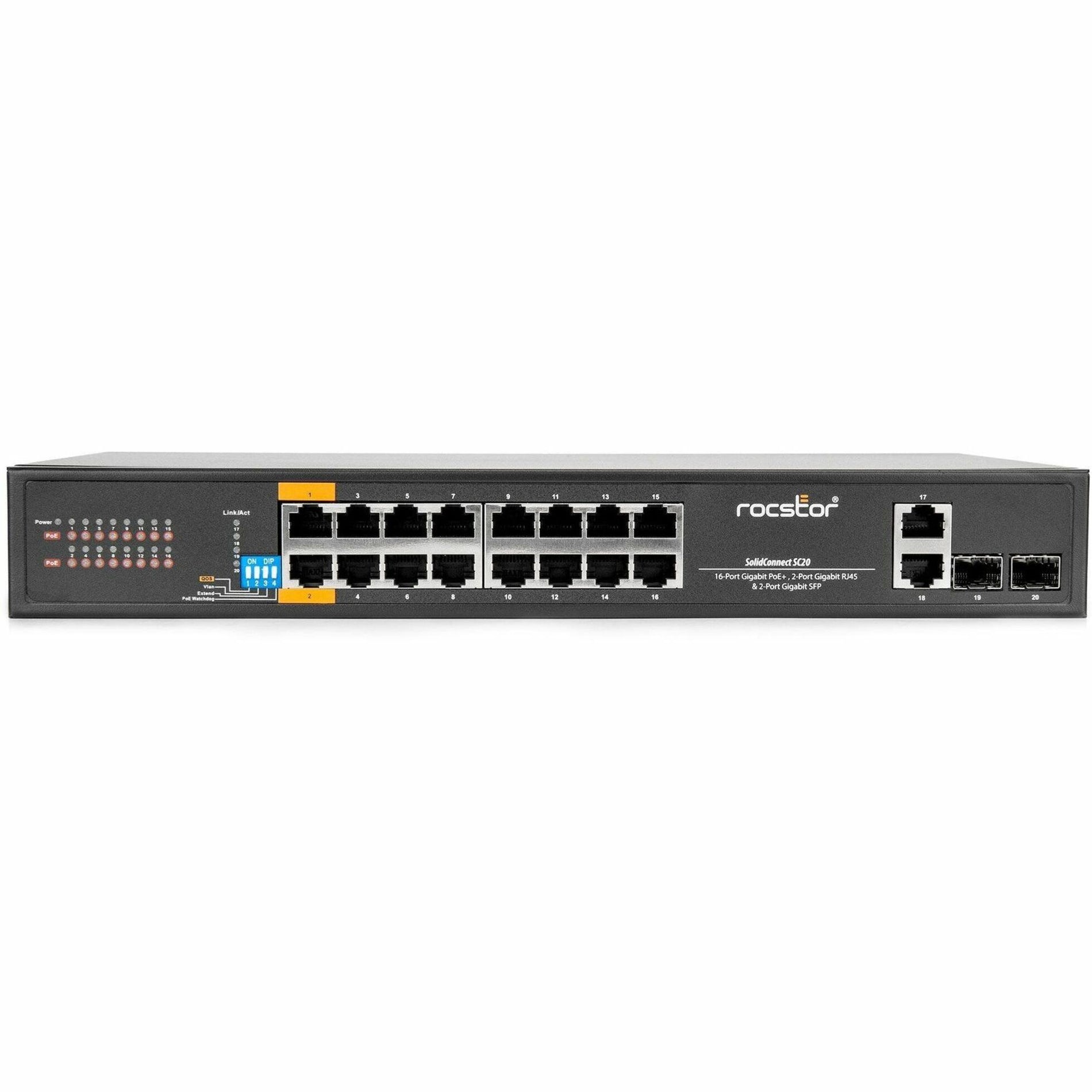 Rocstor Y10S007-B1 SolidConnect SC20 Conmutador de 20 Puertos 16 Puertos PoE+ Gigabit Ethernet No Gestionado 2x Gigabit RJ45 y 2× SFP Uplink - 802.3af/at Red Industrial Gobierno