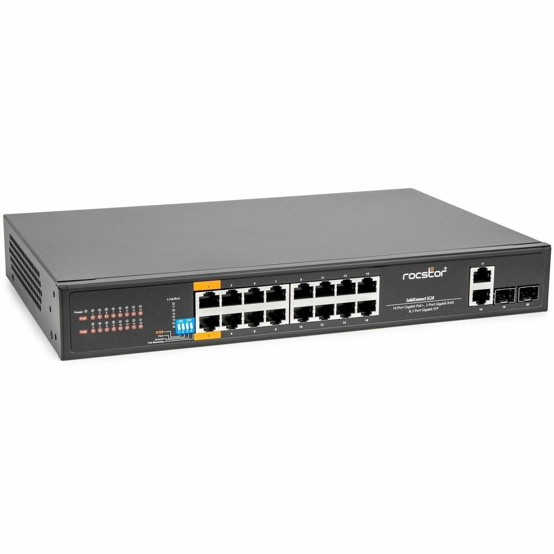 Rocstor Y10S007-B1 SolidConnect SC20 Commutateur 20 ports 16 ports PoE+ Gigabit non géré Ethernet 2x RJ45 Gigabit et 2x SFP liaison montante - 802.3af/at Réseau industriel gouvernemental