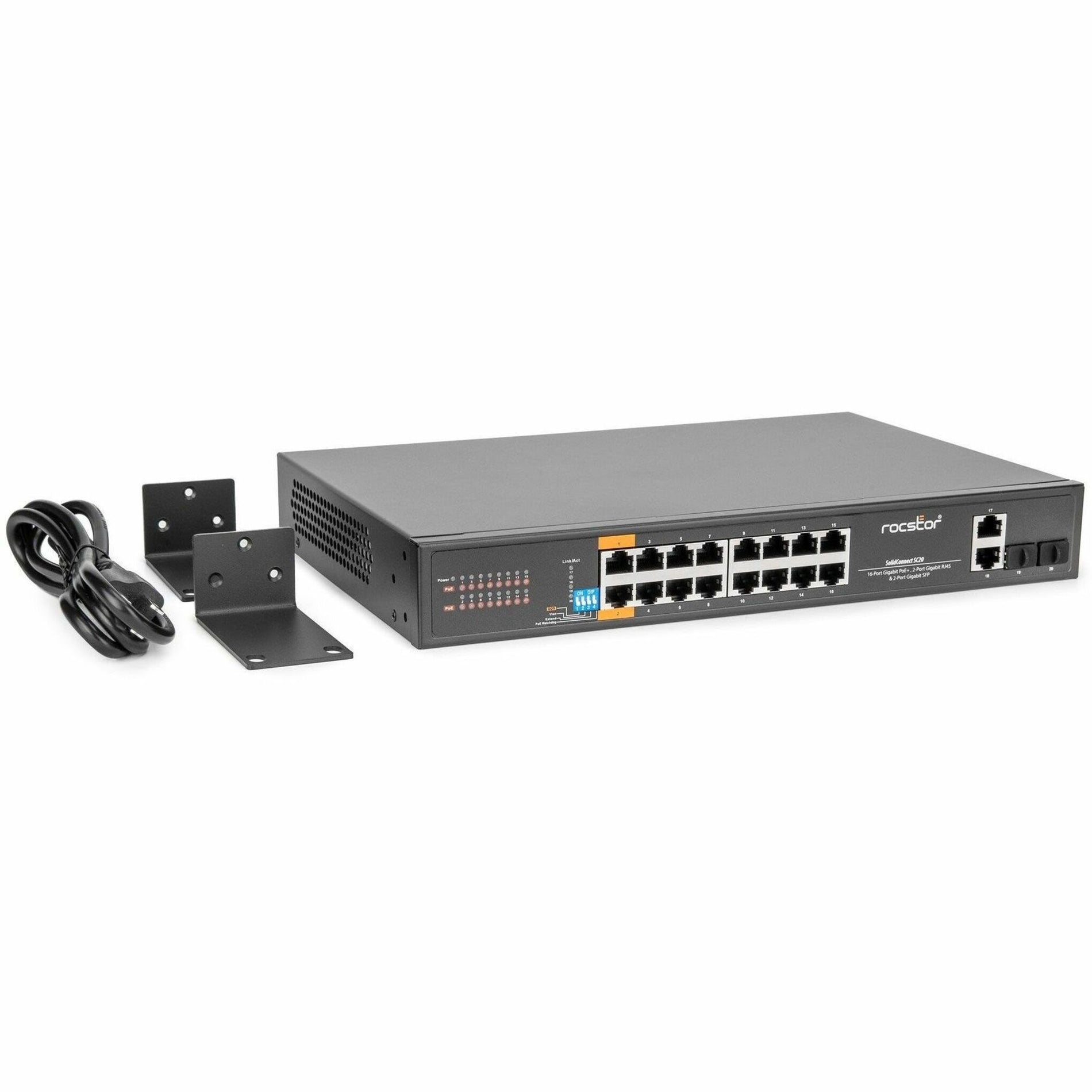 Rocstor Y10S007-B1 SolidConnect SC20 Commutateur 20 ports 16 ports PoE+ Gigabit non géré Ethernet 2x RJ45 Gigabit et 2x SFP liaison montante - 802.3af/at Réseau industriel gouvernemental