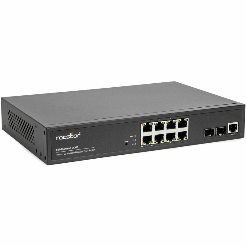 Angled view of Rocstor SolidConnect SCM8 switch highlighting compact form factor and port layout