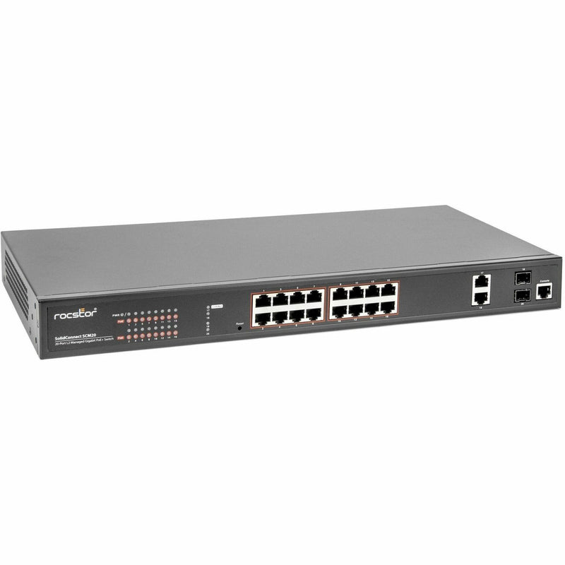 Angled view of Rocstor SCM20 managed switch showing full port array and management features