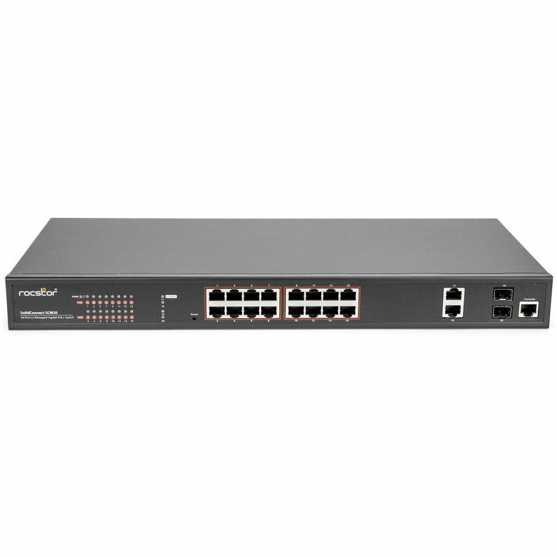 Front view of Rocstor SCM20 16-port PoE+ managed switch showing LED indicators and network ports