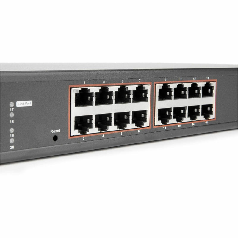 Close-up view of Rocstor SCM20 switch ports with LED indicators and port numbers