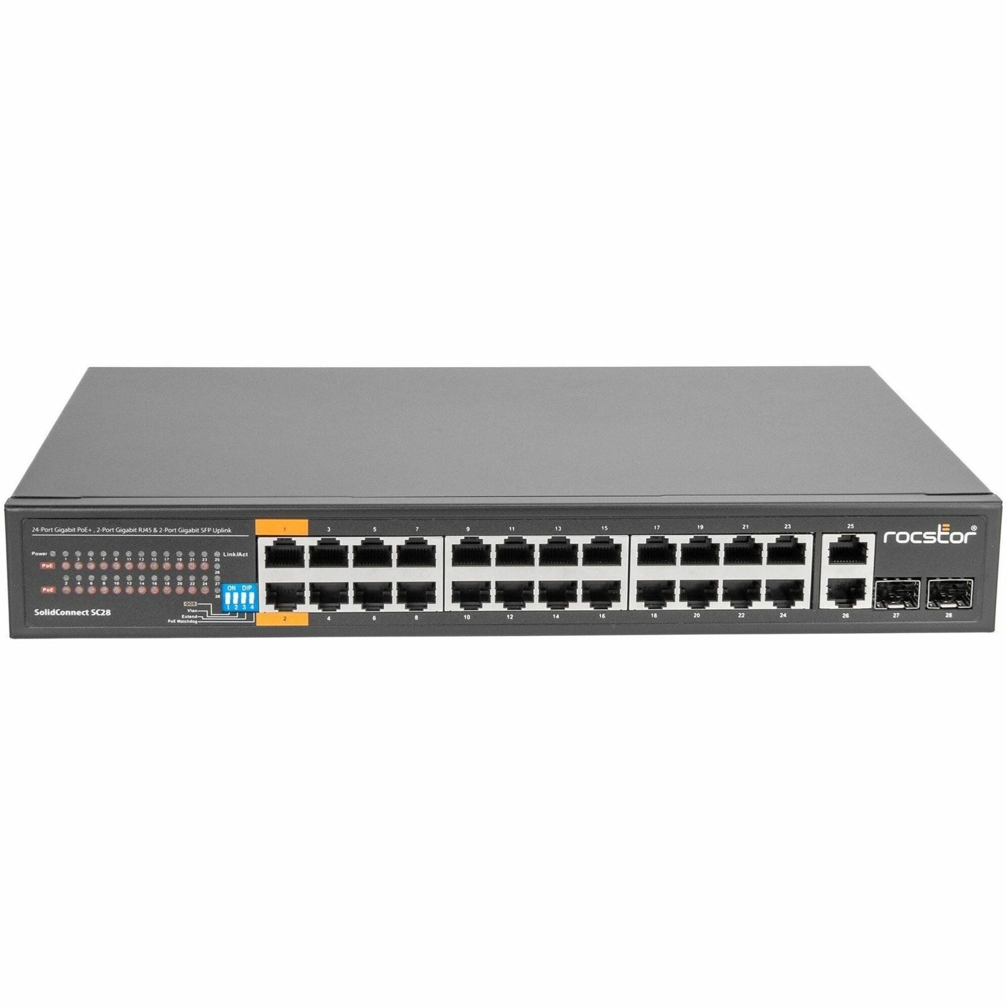 Rocstor Y10S008-B1 SolidConnect SC28 Commutateur 28 Ports 24 Ports PoE+ Gigabit Non Géré Ethernet 2x Gigabit RJ45 & 2x SFP liaison montante - 802.3af/at Réseau Industriel Gouvernemental