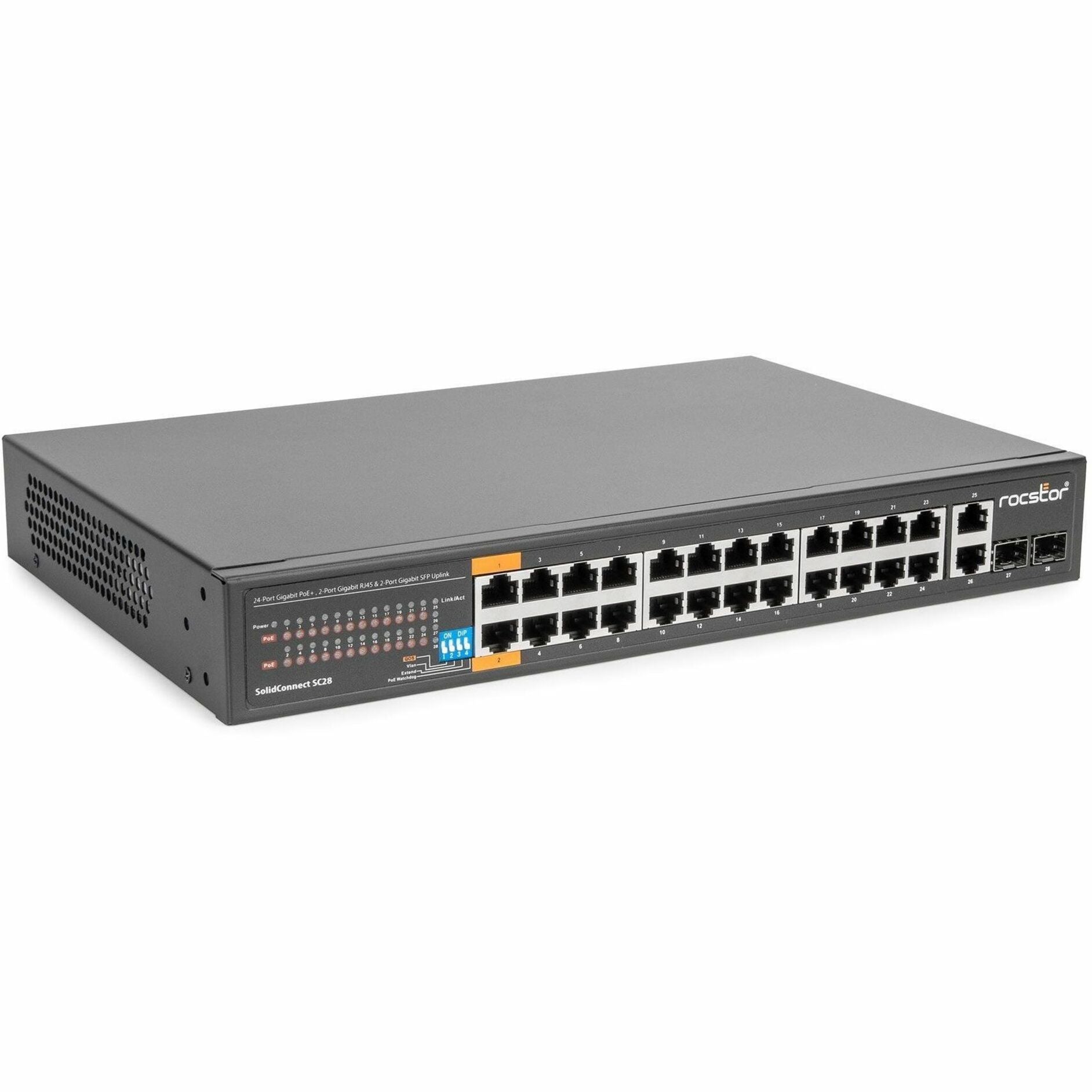 罗克斯托尔 Y10S008-B1 SolidConnect SC28 28端口交换机，24端口PoE+ 千兆位非托管以太网端口，2个千兆位RJ45和2个SFP上行端口 - 802.3af/at，工业级网络政府