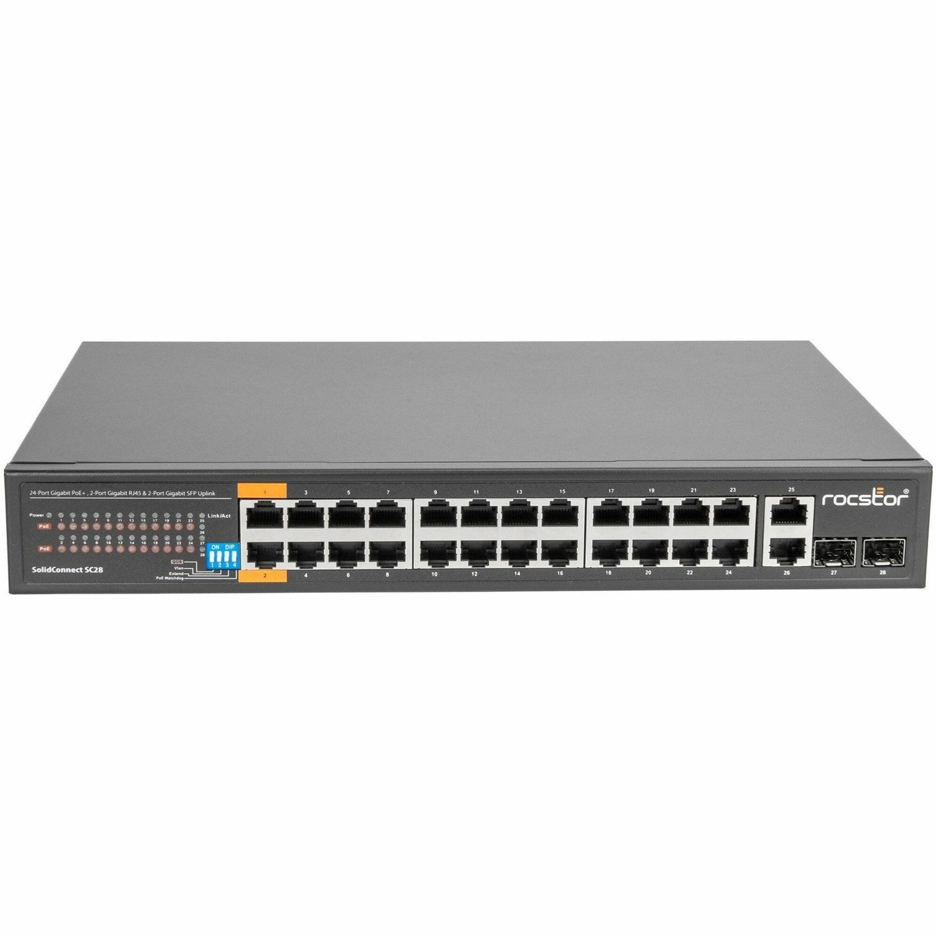 Rocstor Y10S008-B1 SolidConnect SC28 28 Port Switch 24-Port PoE+ Gigabit Tidak Dikelola Ethernet Port 2x Gigabit RJ45 & 2x SFP uplink - 802.3af/at Jaringan Industri Pemerintah