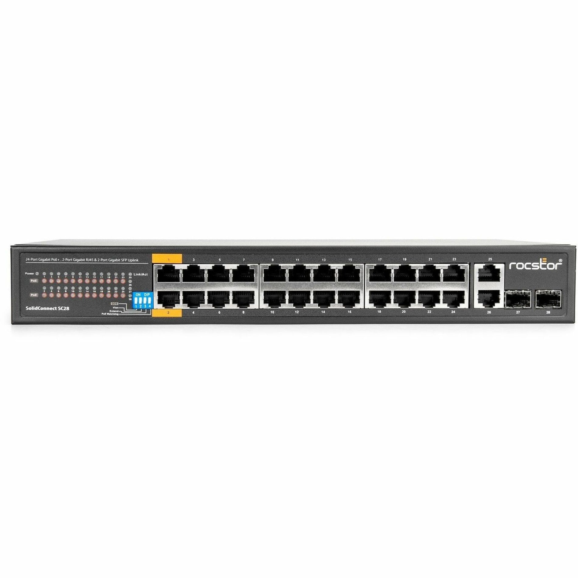 Rocstor Y10S008-B1 SolidConnect SC28 28 Poort Schakelaar 24-Poort PoE+ Gigabit Onbeheerde Ethernet Poort 2x Gigabit RJ45 & 2× SFP oplink - 802.3af/at Industrieel Netwerk Overheid