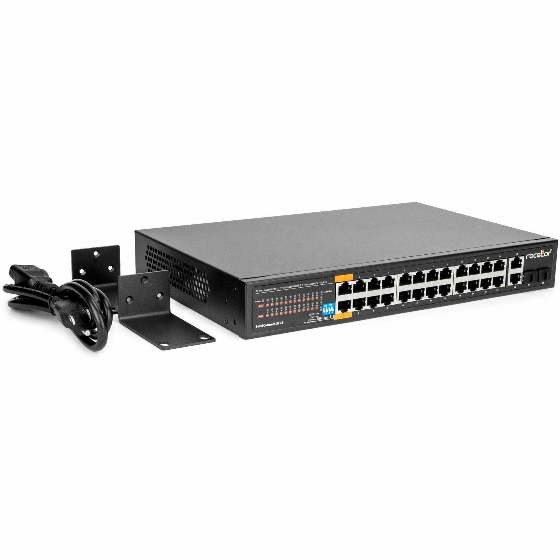 Rocstor Y10S008-B1 SolidConnect SC28 28 Poort Schakelaar 24-Poort PoE+ Gigabit Onbeheerde Ethernet Poort 2x Gigabit RJ45 & 2× SFP oplink - 802.3af/at Industrieel Netwerk Overheid