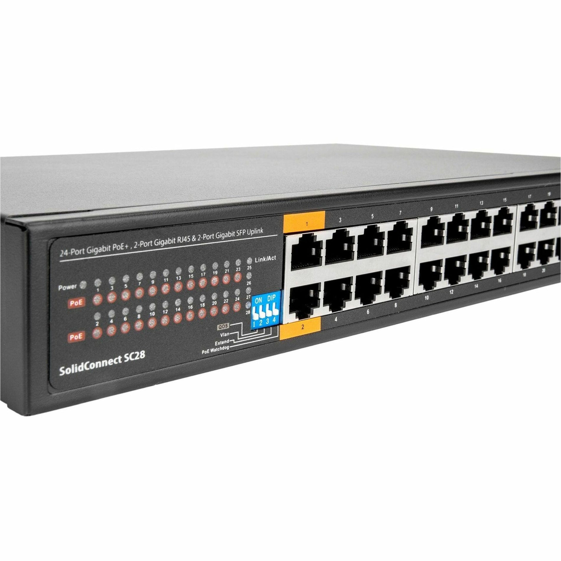 Rocstor Y10S008-B1 SolidConnect SC28 28 Port 스위치 24포트 PoE+ 기가비트 미관리 이더넷 포트 2개의 기가비트 RJ45 및 2× SFP 업링크 - 802.3af/at 산업용 네트워크 정부