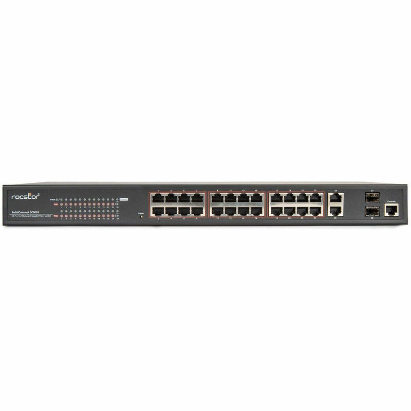 Detailed front view of Rocstor SCM28 managed switch showing LED indicators and port layout