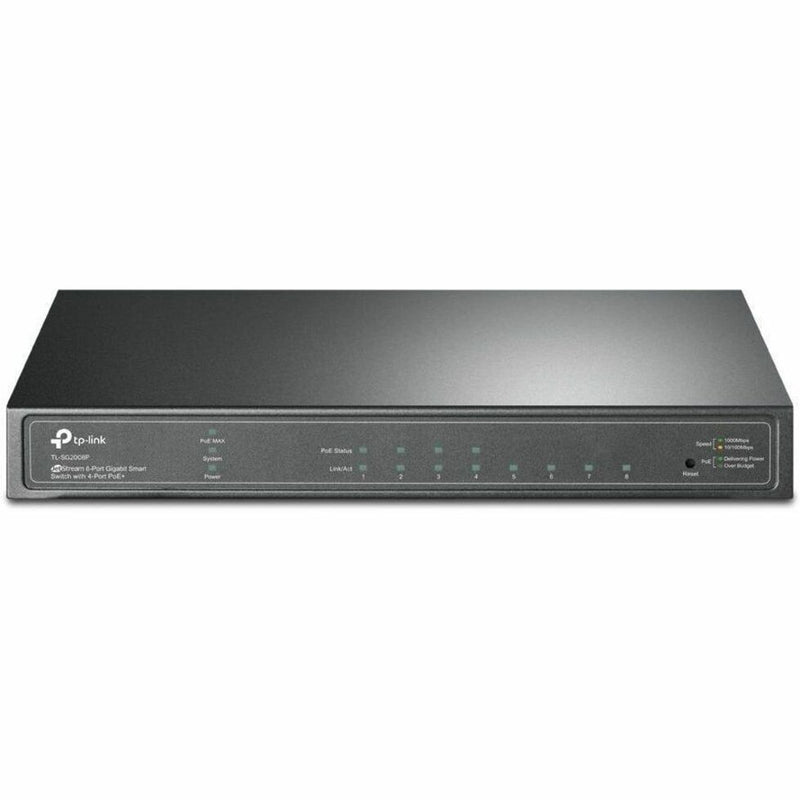 Front view of TP-Link TL-SG2008P 8-port gigabit smart switch showing LED status indicators and metal casing