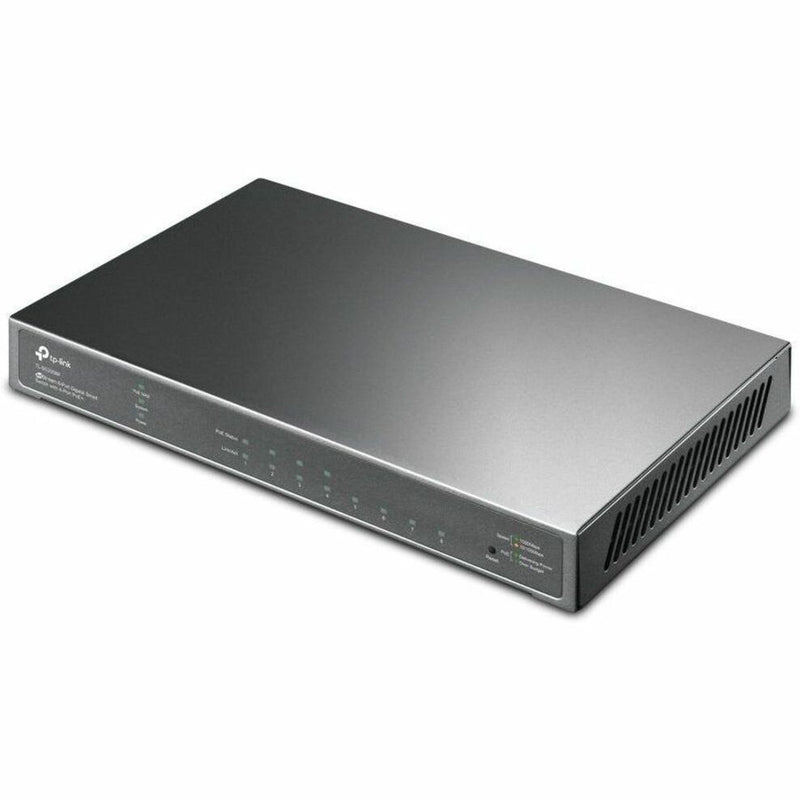 Side angle view of TP-Link TL-SG2008P switch showing sleek metal design and cooling vents