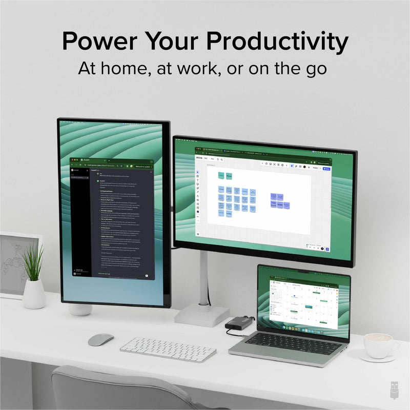 Modern workspace setup with dual monitors and laptop showing productivity applications