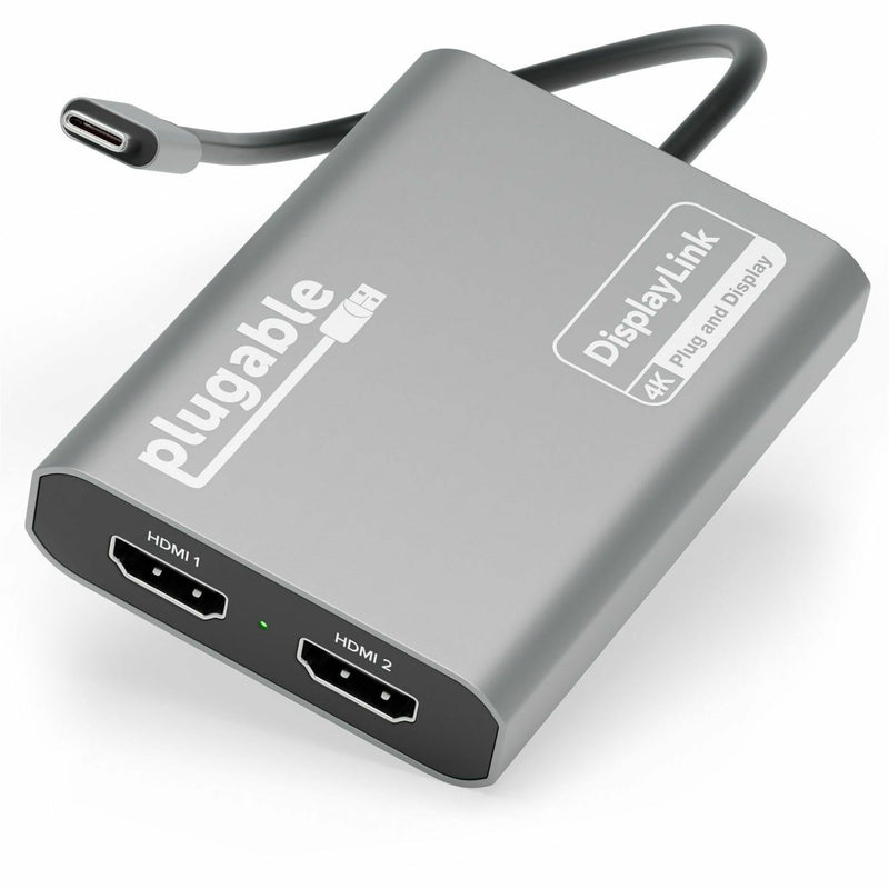 Plugable USBC-6950M dual HDMI adapter showing USB-C input and two HDMI output ports in silver aluminum finish