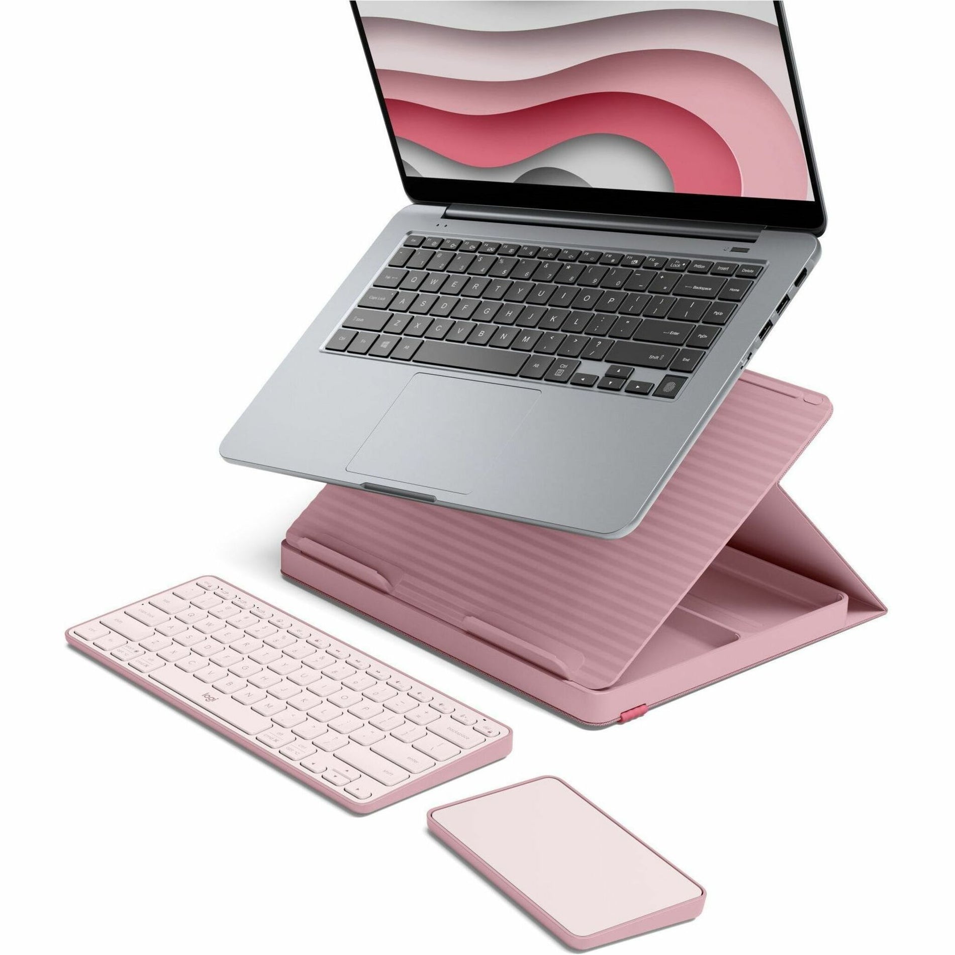 Logitech Casa Notebook Kit in Bohemian Blush featuring wireless keyboard, touchpad, and adjustable laptop stand with laptop display-alternate-image1