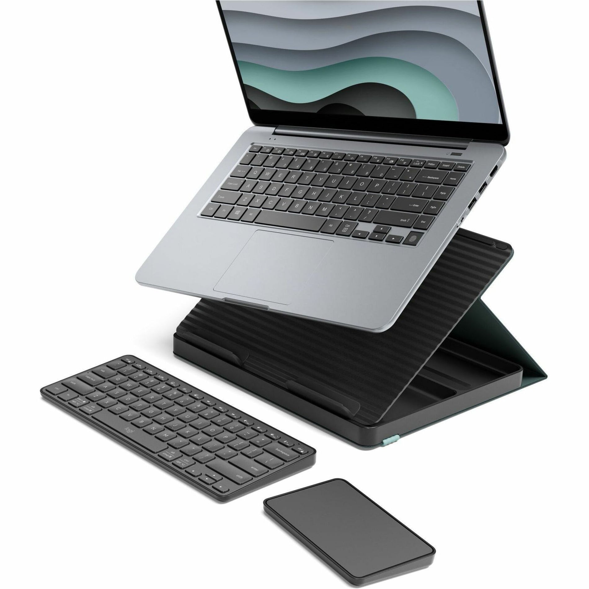 Logitech Casa Pop-Up Kit showing laptop stand, wireless keyboard and touchpad in an ergonomic setup-alternate-image1