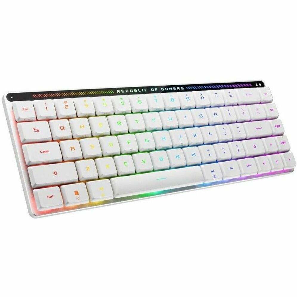 Top view of white ROG Falchion RX gaming keyboard with RGB backlight displaying rainbow spectrum colors-alternate-image1