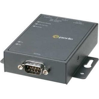 Perle IOLAN DS1 Device Server showing single serial port interface and mounting brackets in black metal housing