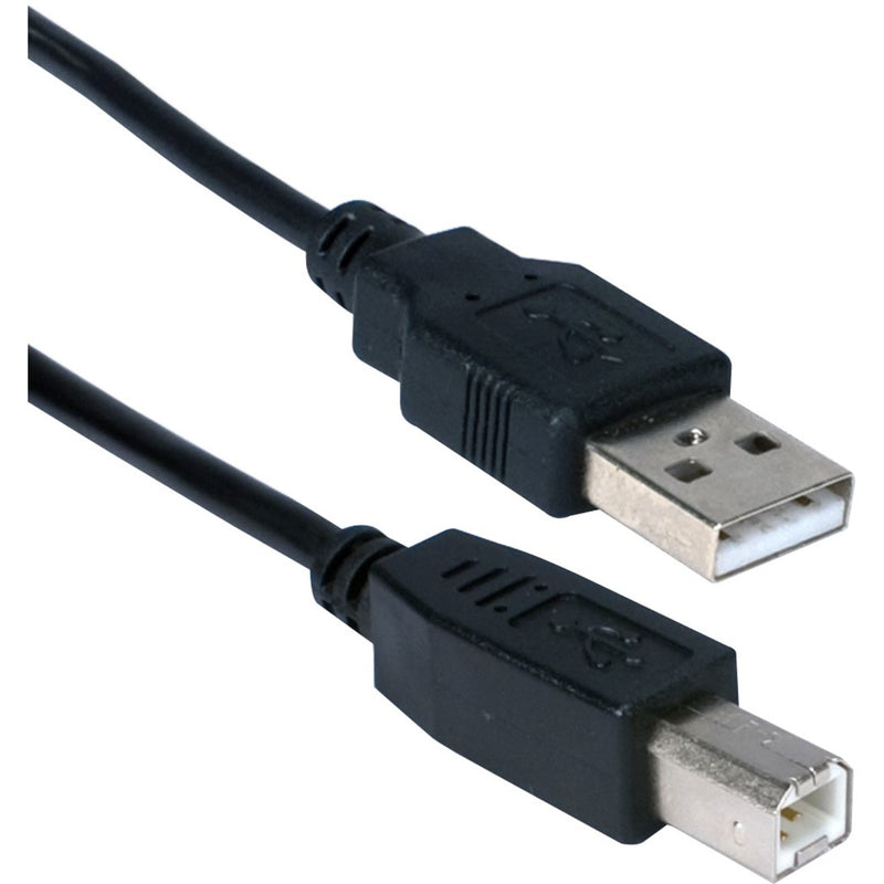 Black QVS USB 2.0 cable with Type A and Type B connectors showing both ends of the 6-foot cable