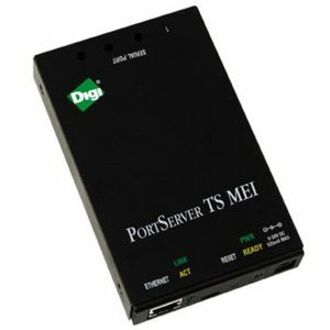 Digi PortServer TS 2 MEI device server in black enclosure with LED indicators and network ports