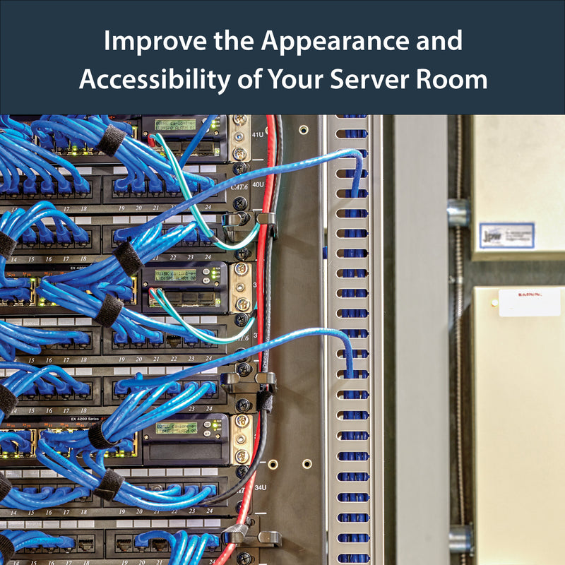 Server rack installation showing organized network cables using raceway system