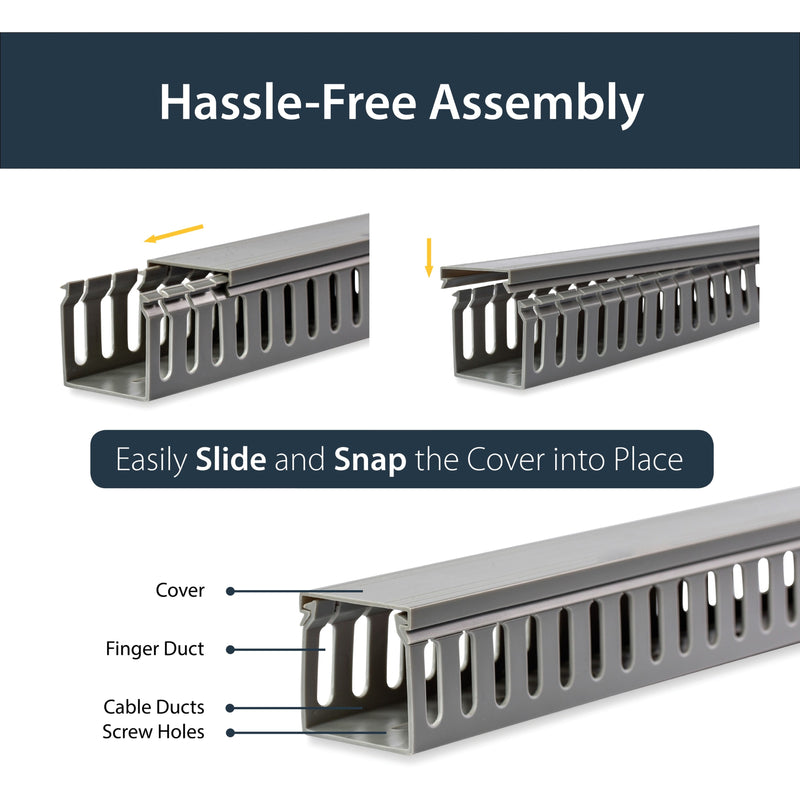 Detailed view of cable raceway assembly showing snap-lock cover mechanism