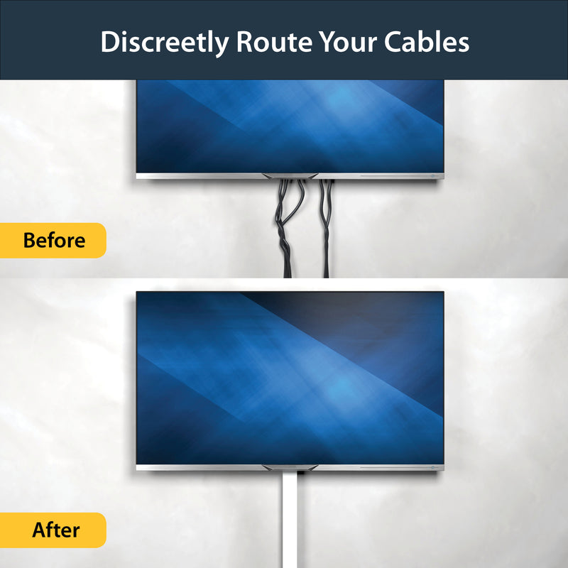 Before and after comparison of wall-mounted display showing cable management improvement