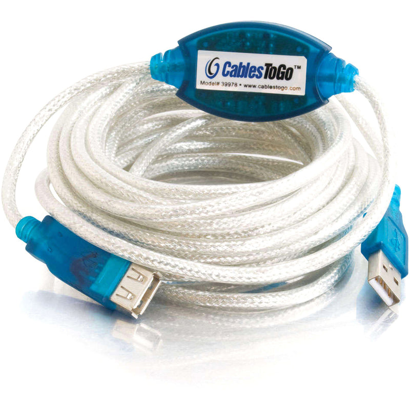 Coiled white USB extension cable with blue connectors and signal booster module