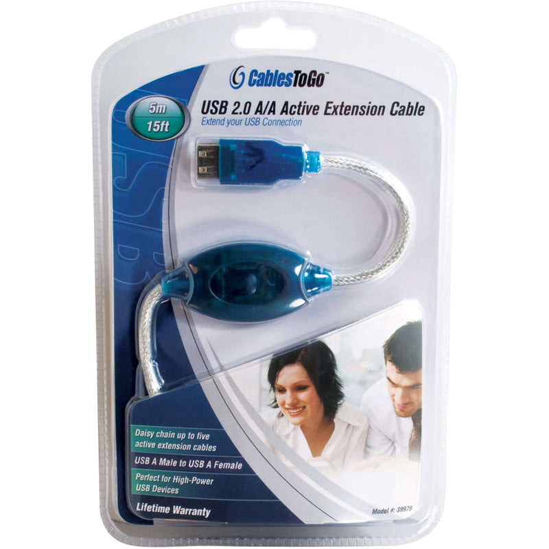 Retail packaging front view of USB active extension cable with product features