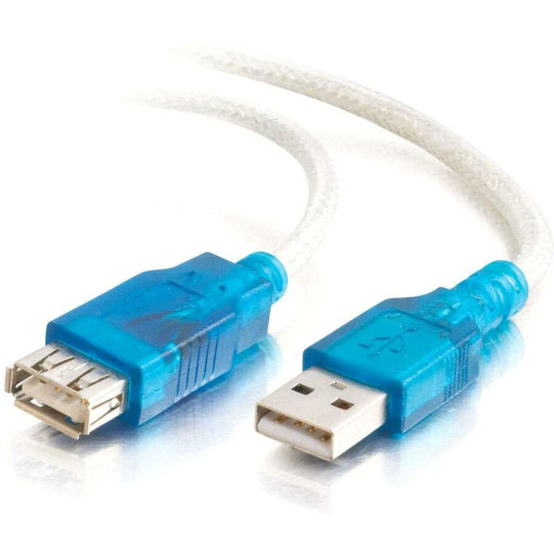 Close-up of blue USB Type-A connectors with white cable showing male and female ends