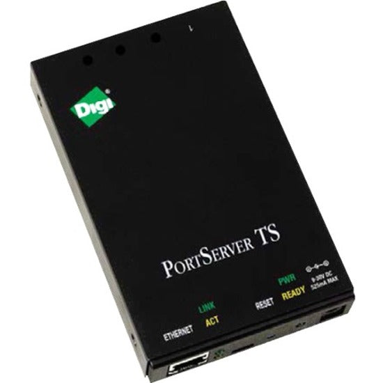 Digi PortServer TS 4 device server showing front panel with LED indicators and Ethernet port against black casing