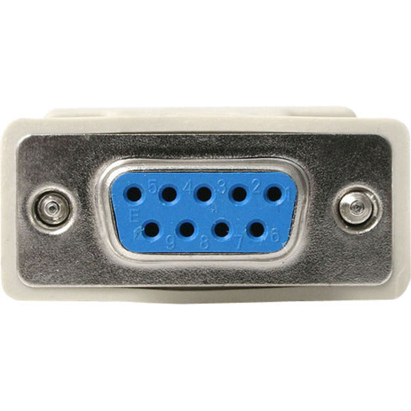 Front view of DB9 female connector on StarTech.com null modem adapter showing blue port interface